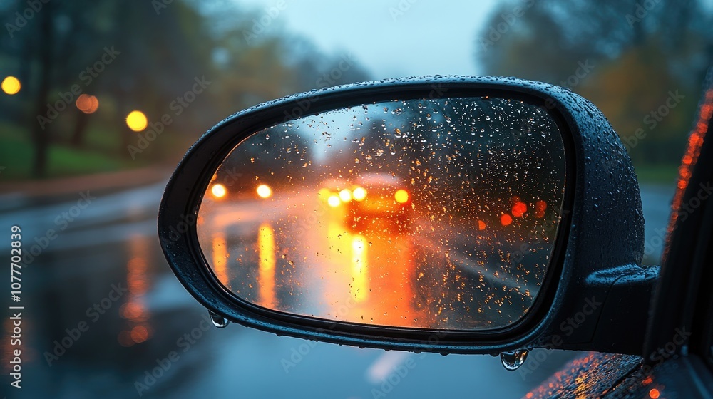 A car's side mirror with raindrops reflecting blurry taillights of cars in the distance on a rainy night. A car's side mirror with raindrops reflecting blurry taillights of cars in the distance on a rainy night.
