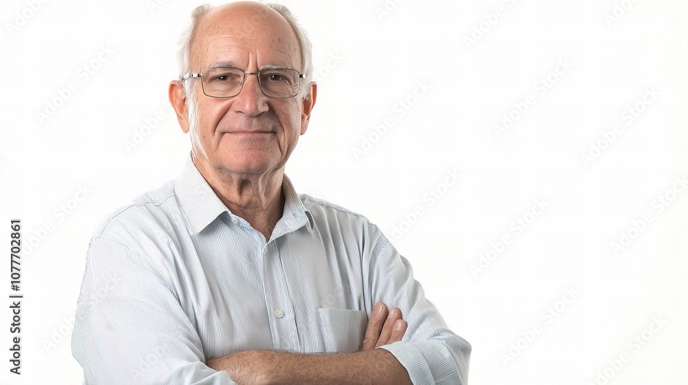 Portrait of a senior man with glasses and crossed arms, showcasing confidence and wisdom against a plain background, perfect for diverse editorial and commercial uses. Portrait of a senior man with glasses and crossed arms, showcasing confidence and wisdom against a plain background, perfect for diverse editorial and commercial uses.