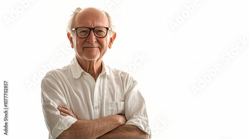 Portrait of a Senior Man with Glasses Smiling Confidently, Emphasizing Wisdom and Experience Against a Simple White Background