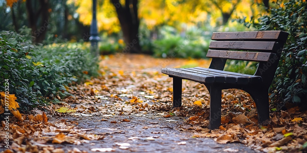 Lonely Bench in Autumn Park with Fallen Leaves Lonely Bench in Autumn Park with Fallen Leaves