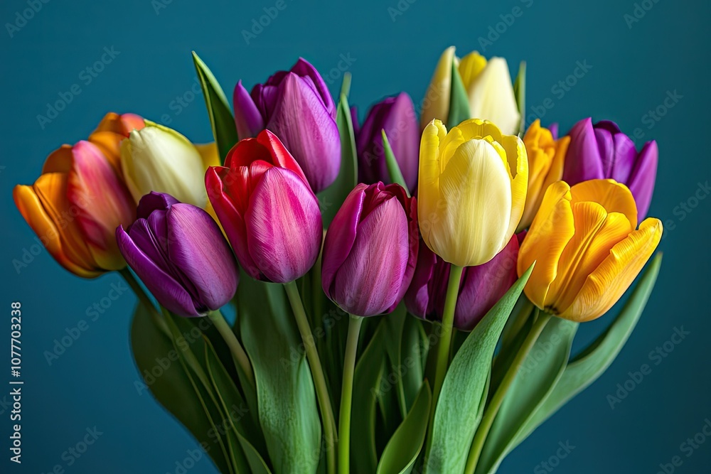 A Bouquet of Colorful Tulips Against a Teal Background A Bouquet of Colorful Tulips Against a Teal Background