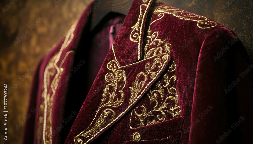 Close-up of a Burgundy Velvet Jacket with Gold Embroidered Details Close-up of a Burgundy Velvet Jacket with Gold Embroidered Details