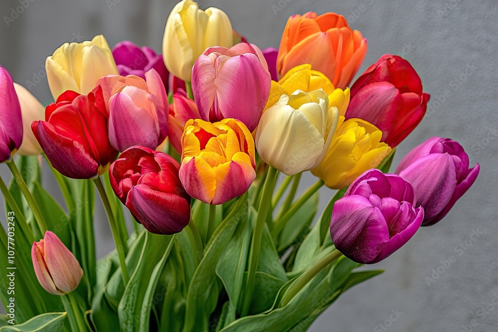 A Bouquet of Colorful Tulips with Green Stems and Leaves A Bouquet of Colorful Tulips with Green Stems and Leaves