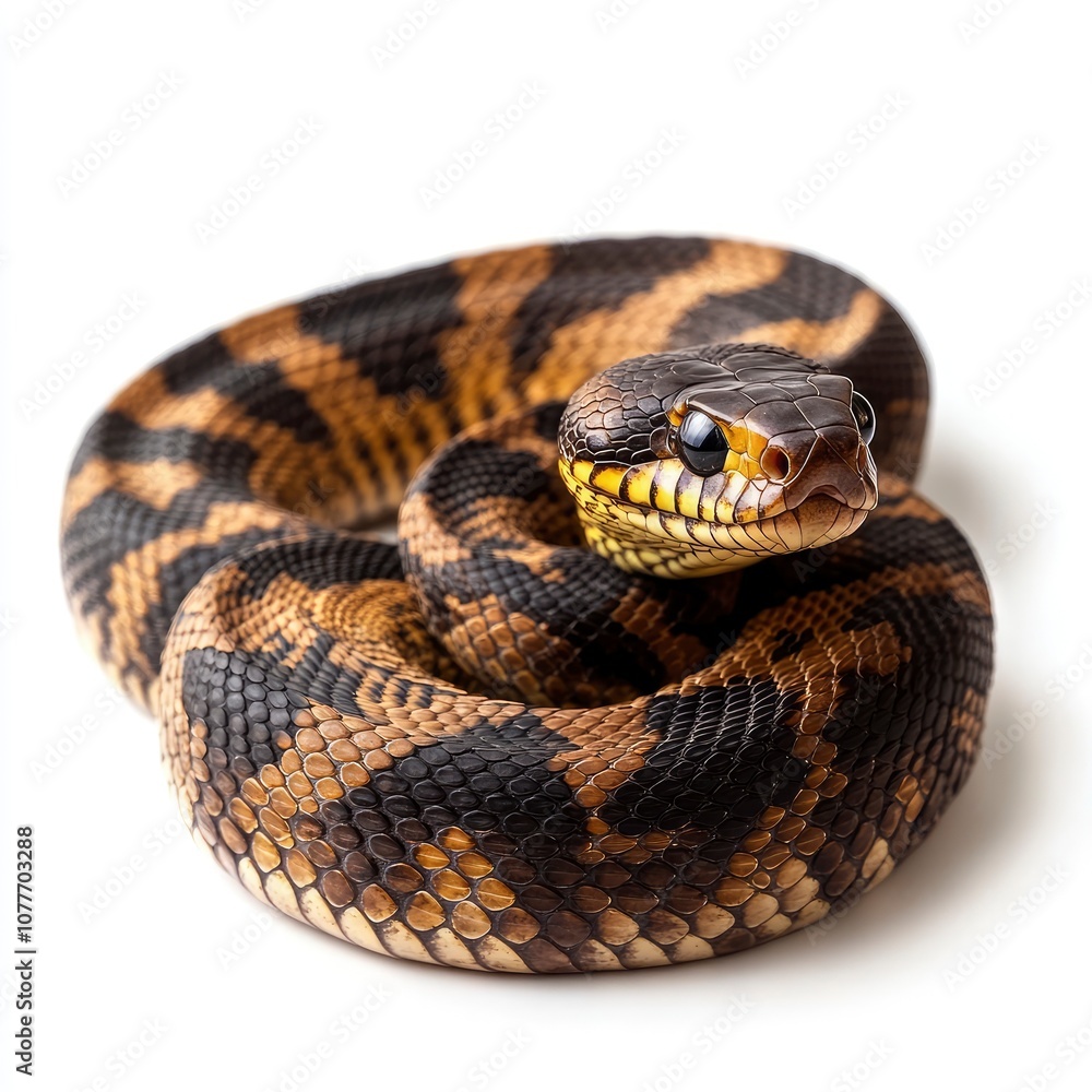 A black and brown snake with yellow stripes coiled up on a white background. A black and brown snake with yellow stripes coiled up on a white background.