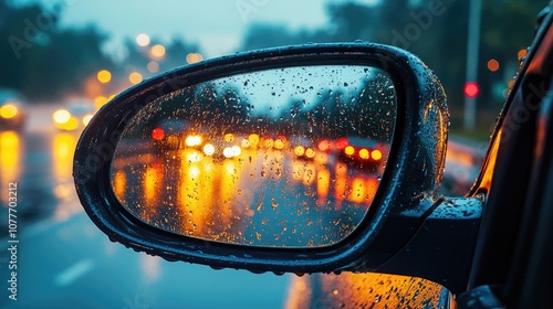 A car's side mirror reflects a rainy evening cityscape with blurred lights.