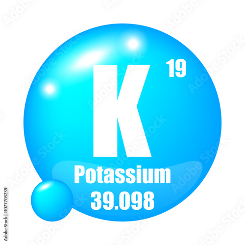 Potassium element. Atomic symbol K. Atomic number nineteen. Mass 39.098.