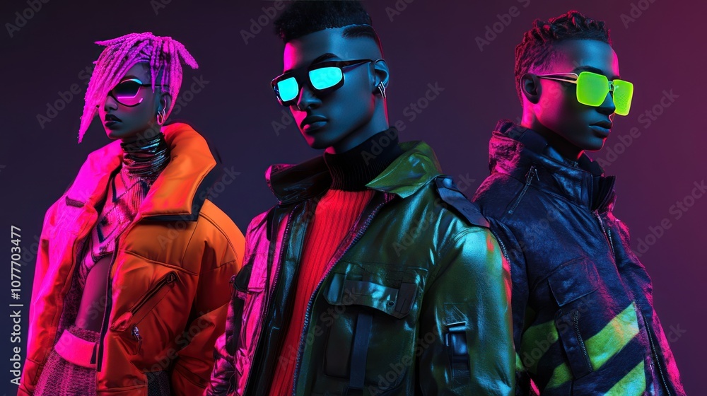 Three stylish mannequins in vibrant outfits and sunglasses, showcasing modern fashion aesthetics. Three stylish mannequins in vibrant outfits and sunglasses, showcasing modern fashion aesthetics.