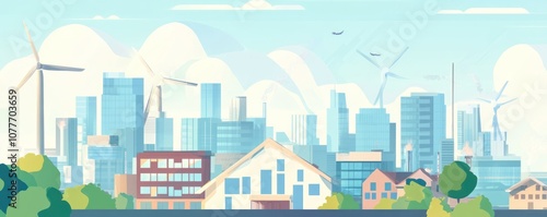 A vibrant cityscape featuring modern buildings and wind turbines, emphasizing sustainability.