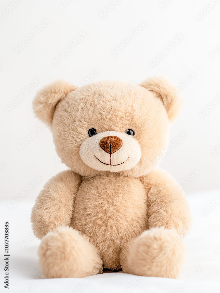 A teddy bear is sitting on a white bed A teddy bear is sitting on a white bed