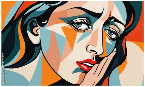 An abstract typed vector based modern art design of a pretty young woman with blue eyes 
