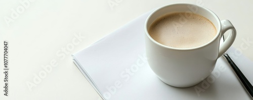 A cup of coffee sits on a notepad with a pen, suggesting a moment of reflection or work.
