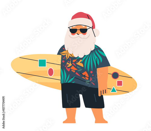 Santa Claus surfing tropical holiday theme colorful shirt sunglasses surfboard beach fun design