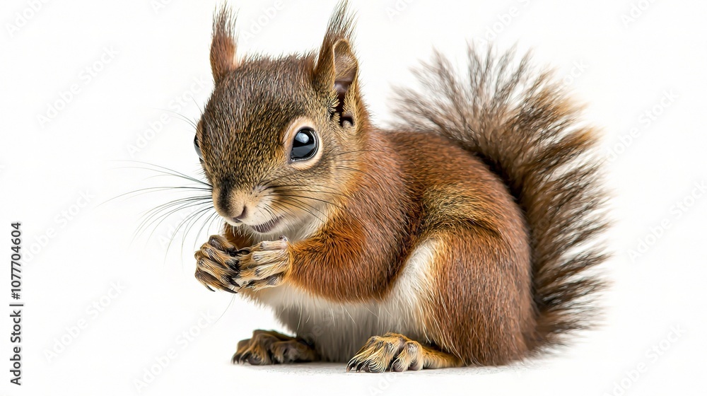 A Detailed Portrait of a Red Squirrel (Sciurus vulgaris) Sitting Alone on a White Background, Showcasing Its Unique Features and Texture in High Resolution A Detailed Portrait of a Red Squirrel (Sciurus vulgaris) Sitting Alone on a White Background, Showcasing Its Unique Features and Texture in High Resolution