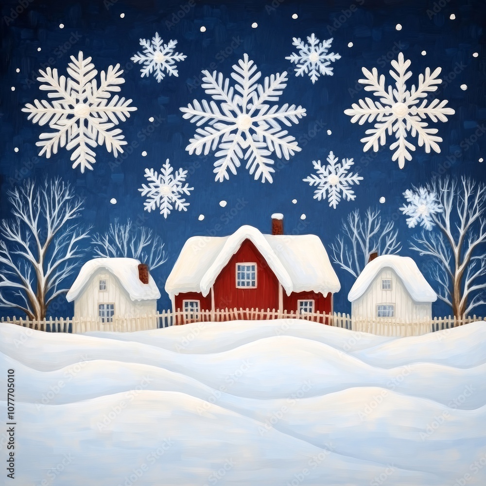 Fototapeta premium Snow-covered houses and trees under a starry sky with snowflakes falling.