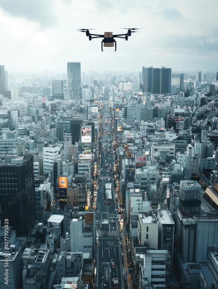 A drone hovers over a bustling urban landscape with skyscrapers and busy streets below. A drone hovers over a bustling urban landscape with skyscrapers and busy streets below.