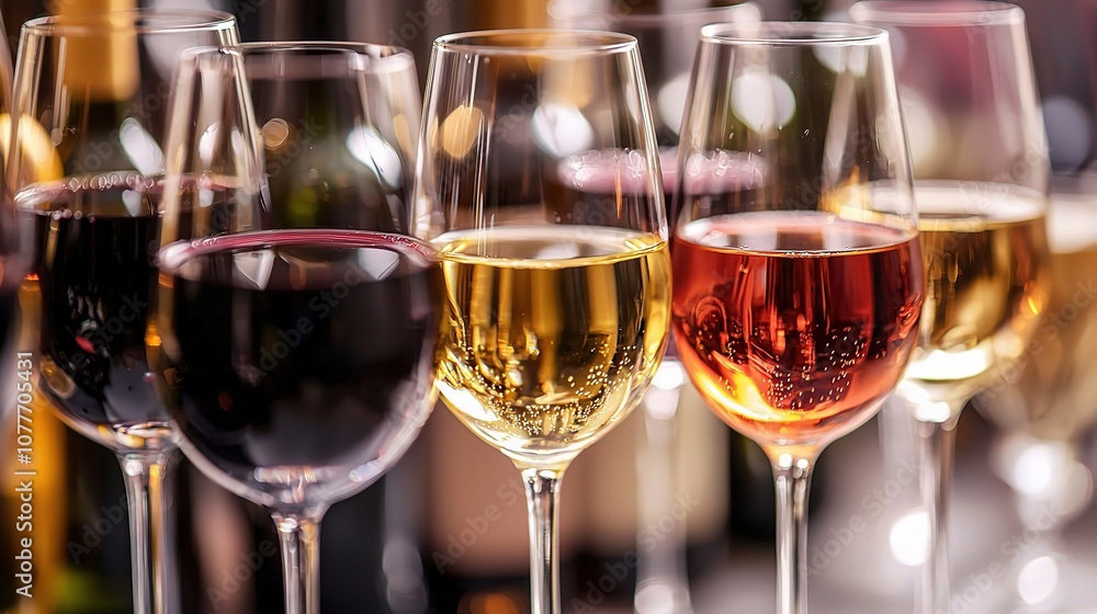 Elegant Row of Glasses Featuring a Selection of Different Wines on a Clean White Background, Showcasing Red, White, and Rosé Varieties with Bubbles and Clarity Elegant Row of Glasses Featuring a Selection of Different Wines on a Clean White Background, Showcasing Red, White, and Rosé Varieties with Bubbles and Clarity