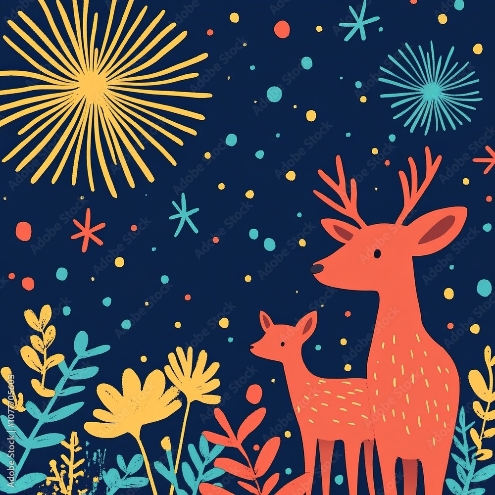 A red deer and fawn stand in a field of flowers against a dark blue sky with fireworks and stars. A red deer and fawn stand in a field of flowers against a dark blue sky with fireworks and stars.