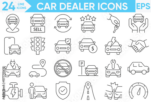 Car dealer icons . Car sales, finance, Test drive, warranty, service, insurance and electric Vehicles.Vector and illustrator set.
