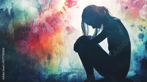 A silhouette of a woman hunched over in a dark room with a colorful, watercolor background.