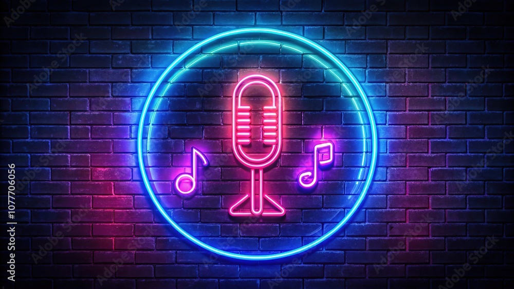 Neon Microphone Round Frame Live Music Double Exposure Neon Microphone Round Frame Live Music Double Exposure