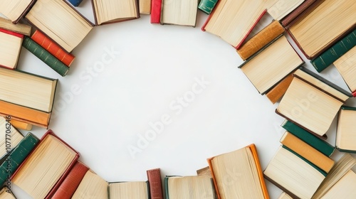 A Circular Frame of Open Books Surrounding a White Space photo