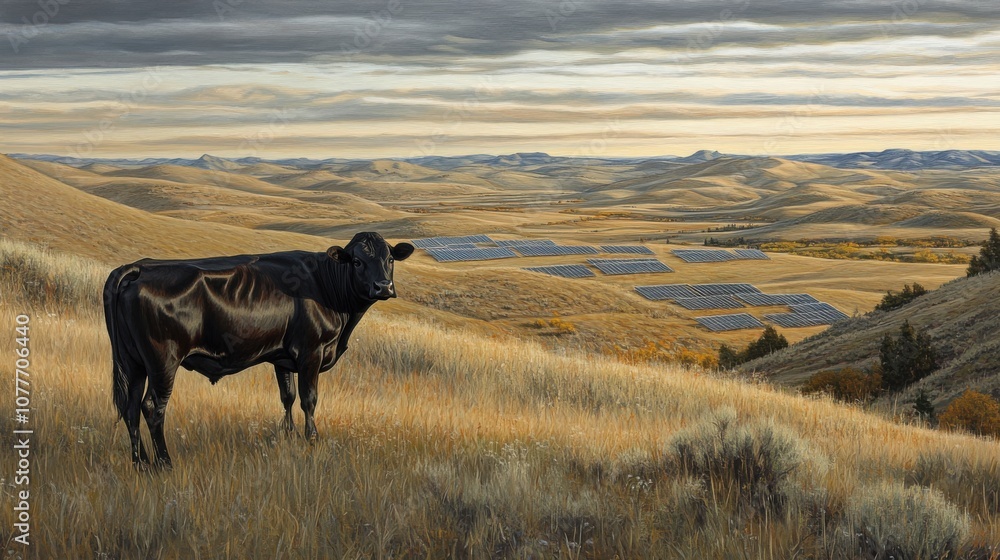 Cow in Soft Light Overlooking Solar Panels in Hills