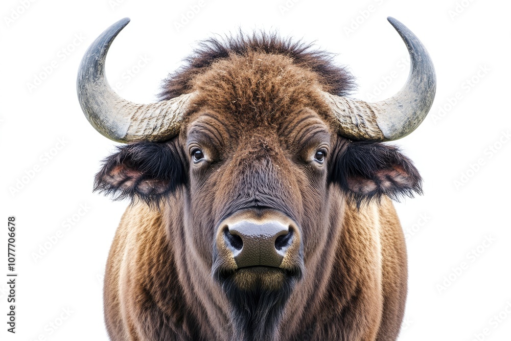 A close-up portrait of a large, brown water buffalo with large horns looking directly at the camera. The buffalo is isolated on a white background. A close-up portrait of a large, brown water buffalo with large horns looking directly at the camera. The buffalo is isolated on a white background.