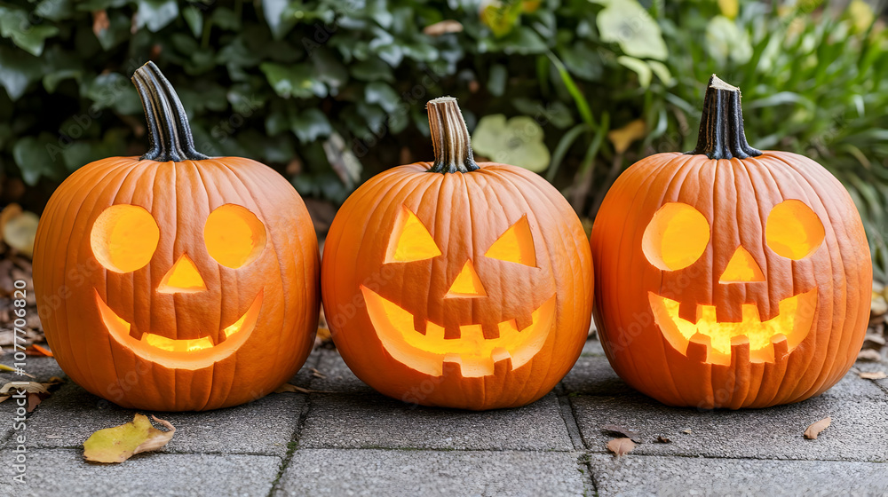 Three Jack-O-Lantern Pumpkins on a Stone Path - Halloween Illustration Three Jack-O-Lantern Pumpkins on a Stone Path - Halloween Illustration