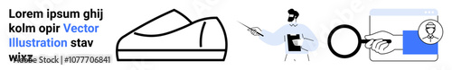 Abstract drawing of a shoe, a person pointing with a clipboard, a hand holding a magnifying glass examining a webpage. Ideal for business presentations, branding, technology, education, e-commerce
