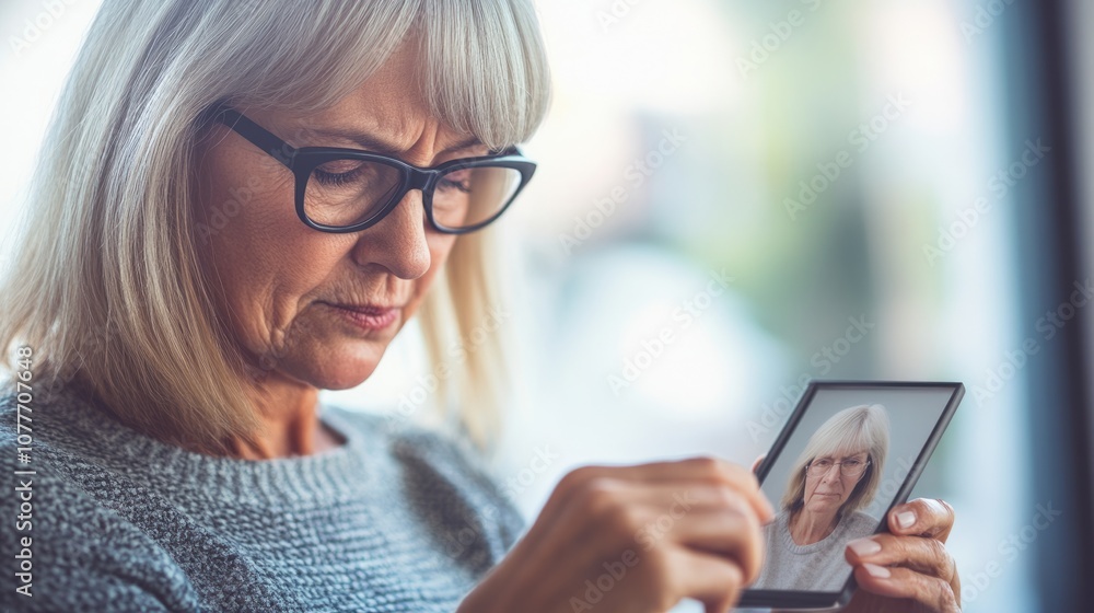 Senior woman sitting alone inquiet room, holding photo ofyounger self, looking confusedEmotional impact of dementiasymptoms. Senior woman sitting alone inquiet room, holding photo ofyounger self, looking confusedEmotional impact of dementiasymptoms.