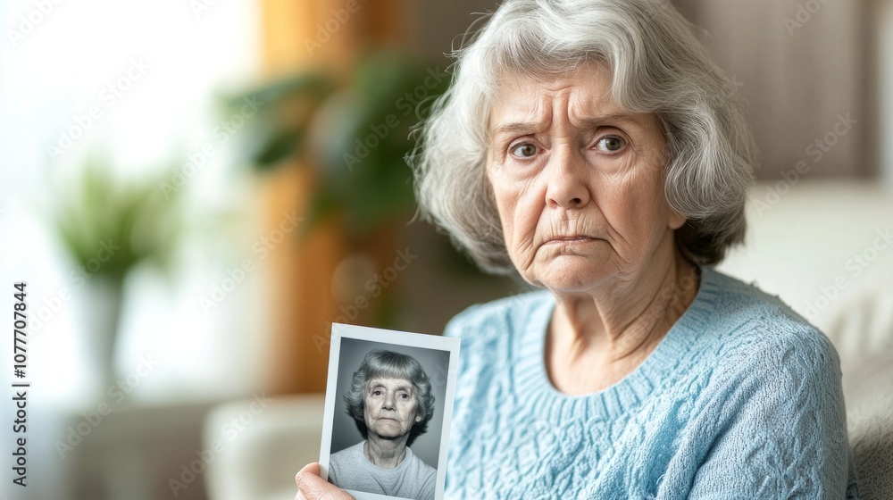Senior woman sitting alone inquiet room, holding photo ofyounger self, looking confusedEmotional impact of dementiasymptoms. Senior woman sitting alone inquiet room, holding photo ofyounger self, looking confusedEmotional impact of dementiasymptoms.