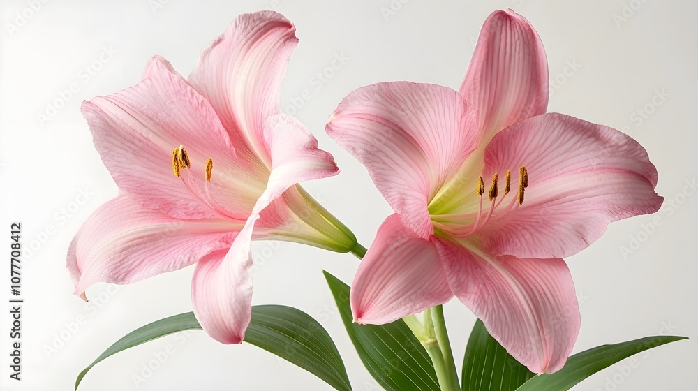 Two pink flowers are in a vase on a white background Two pink flowers are in a vase on a white background