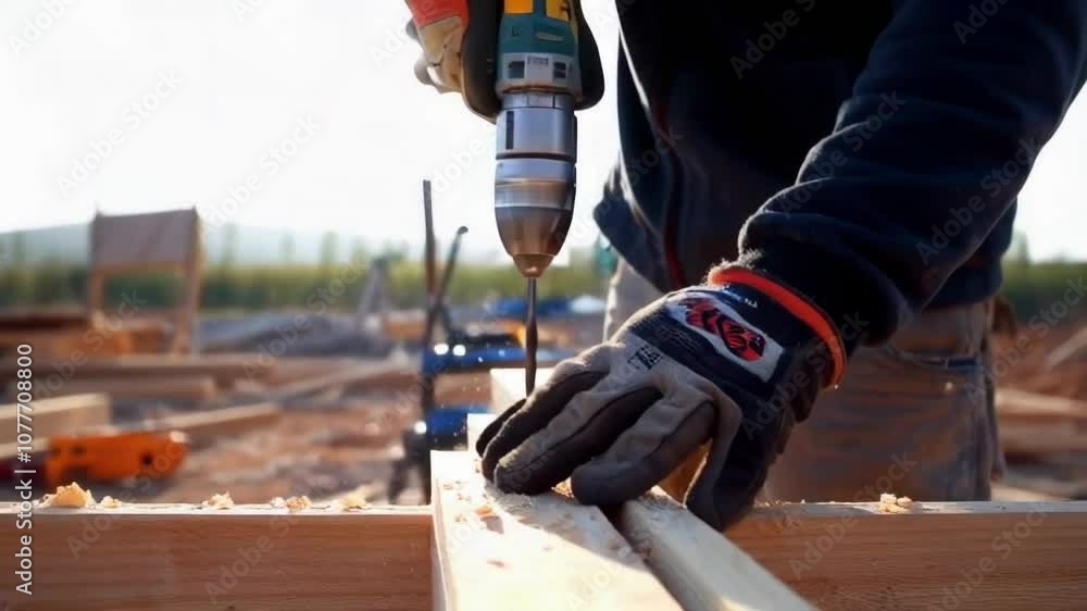 A man is using a drill to make a hole in a piece of wood A man is using a drill to make a hole in a piece of wood