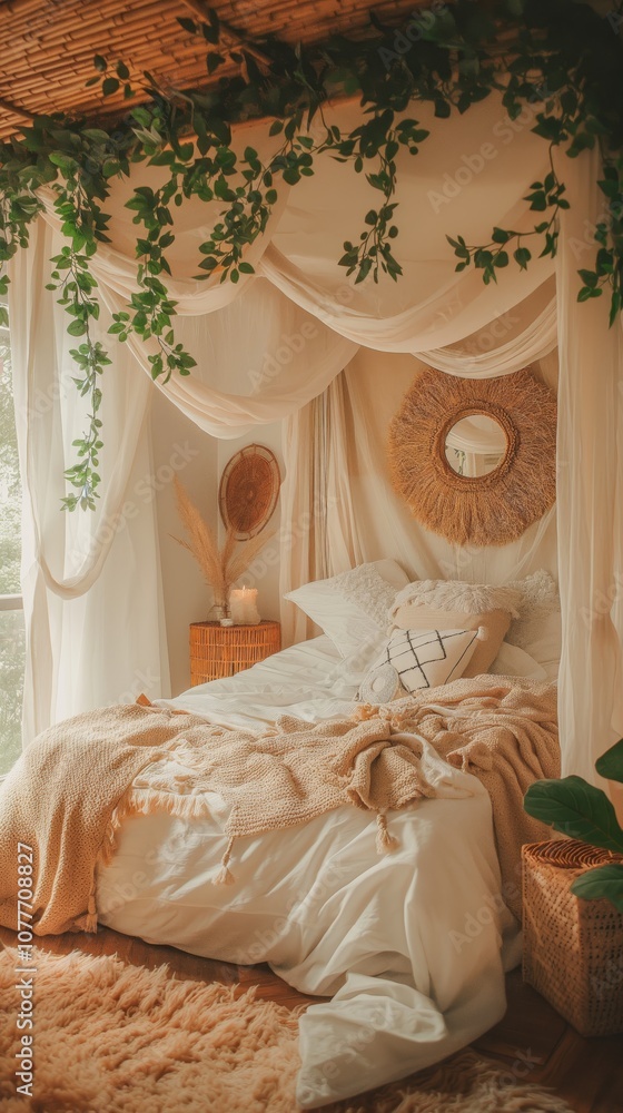 Tranquil Boho Jungle Bedroom with Light Linens Rattan Decor Accents, Hanging Plants Ivy and Fern Vines Cascading Down with Bamboo Side Table Tranquil Boho Jungle Bedroom with Light Linens Rattan Decor Accents, Hanging Plants Ivy and Fern Vines Cascading Down with Bamboo Side Table