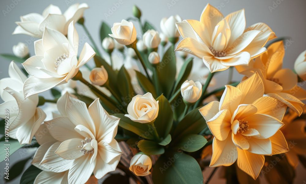 beautiful arrangement of artificial flowers featuring white and yellow blooms, showcasing intricate details and vibrant colors, perfect for home decor beautiful arrangement of artificial flowers featuring white and yellow blooms, showcasing intricate details and vibrant colors, perfect for home decor