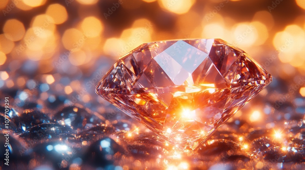 A single, large diamond sits atop a bed of smaller diamonds with a warm, golden, bokeh background. A single, large diamond sits atop a bed of smaller diamonds with a warm, golden, bokeh background.