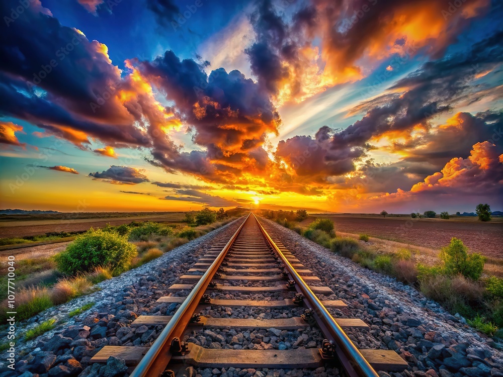 Sunset's embrace kisses the tracks, a breathtaking vista. Sunset's embrace kisses the tracks, a breathtaking vista.