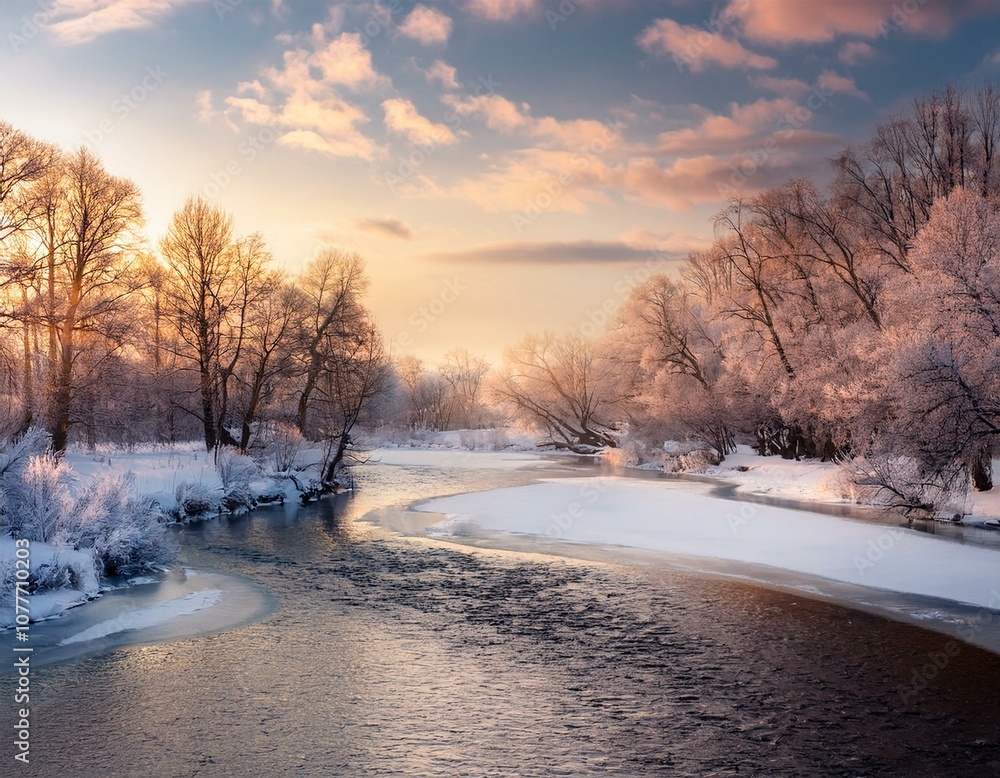 Frosty River Through Snowy Forest Frosty River Through Snowy Forest
