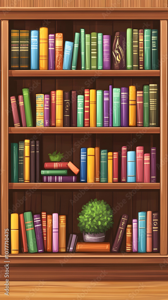 A wooden bookcase filled with colorful books, with a small plant on the bottom shelf. A wooden bookcase filled with colorful books, with a small plant on the bottom shelf.