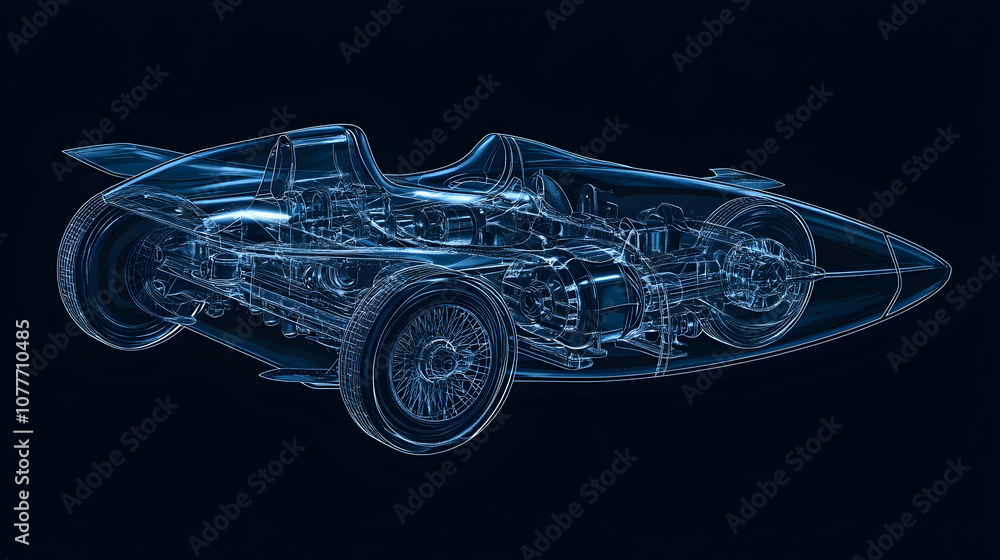 A wireframe rendering of a race car on a dark blue background, showcasing its internal structure and design. A wireframe rendering of a race car on a dark blue background, showcasing its internal structure and design.