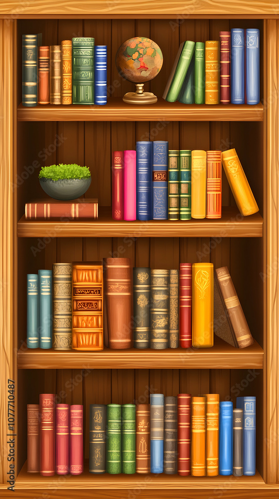 A wooden bookcase filled with books, a globe, and a plant. A wooden bookcase filled with books, a globe, and a plant.