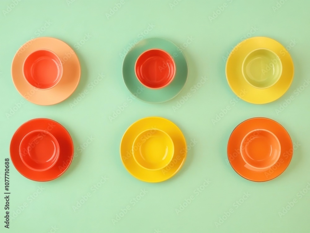 A colorful arrangement of six plates in vibrant hues on a mint green background. A colorful arrangement of six plates in vibrant hues on a mint green background.