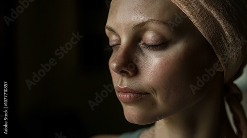 Contemplative woman with cancer- serene expression- bathed in soft light- creating a moody and introspective portrait. photo