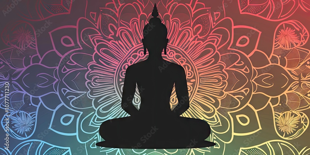 Silhouette of Buddha in lotus position centered over a colorful, intricate mandala, with soft abstract background gradients for a peaceful, spiritual vibe. Silhouette of Buddha in lotus position centered over a colorful, intricate mandala, with soft abstract background gradients for a peaceful, spiritual vibe.