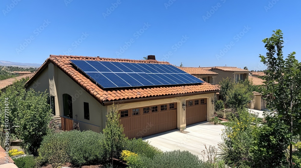 Solar panels, solar energy, Solar Panels on Red Tiled Roofs in Mountainous Landscape Solar panels, solar energy, Solar Panels on Red Tiled Roofs in Mountainous Landscape