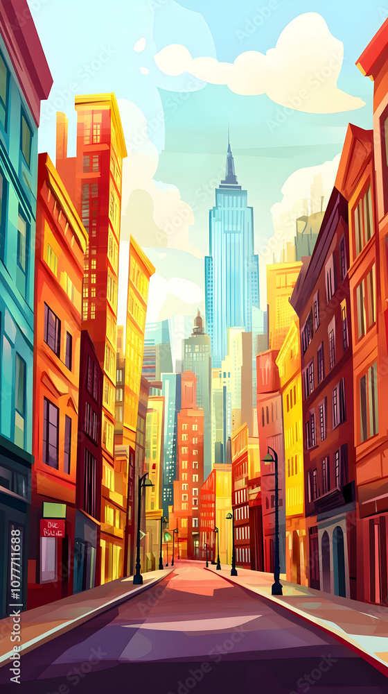 Colorful cityscape with tall buildings and a sunny sky. Colorful cityscape with tall buildings and a sunny sky.