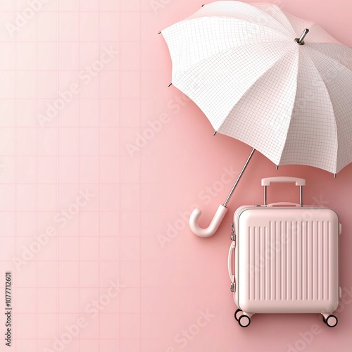 A stylish pink suitcase next to a white umbrella on a soft pink backdrop, evoking a playful and trendy travel vibe. Travel insurance cover concept 