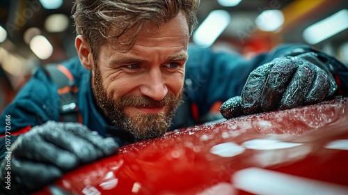 Man lovingly admiring and caressing the hood of a red car in a garage, conveying themes of passion,