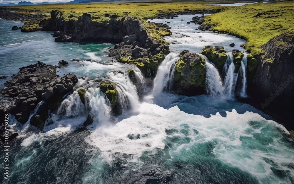 Aerial view of cascading waterfalls surrounded by lush greenery and rocky terrain. Aerial view of cascading waterfalls surrounded by lush greenery and rocky terrain.
