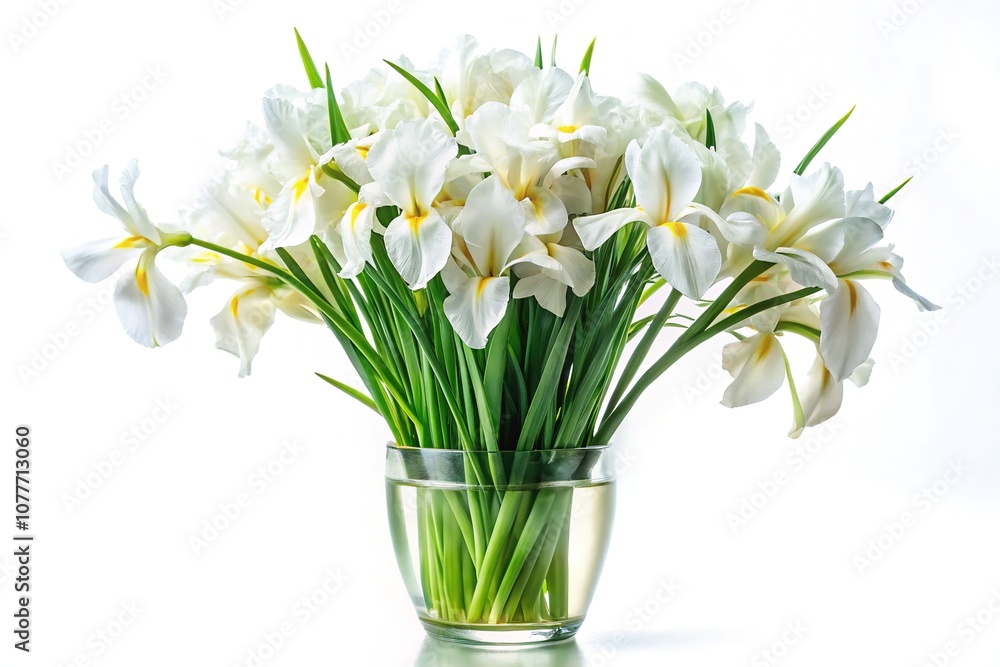 Obraz premium White Iris Bouquet in Glass Vase, Food Photography Style, AI Art